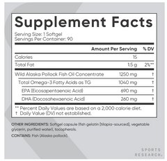 Sports Research Omega-3 Wild Alaskan Fish Oil(1250Mg Per Capsule) With Triglyceride Epa & Dha Heart, Brain & Joint Support Ifos 5 Star Certified, Non-Gmo & Gluten Free-90 Day Supply!, 169 grams