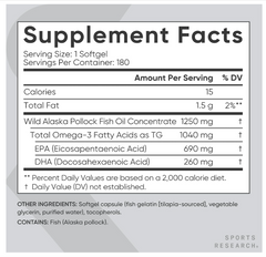 Sports Research Omega-3 Wild Alaskan Fish Oil(1250Mg Per Capsule) With Triglyceride Epa & Dha Heart, Brain & Joint Support Ifos 5 Star Certified, Non-Gmo & Gluten Free 180 Day Supply